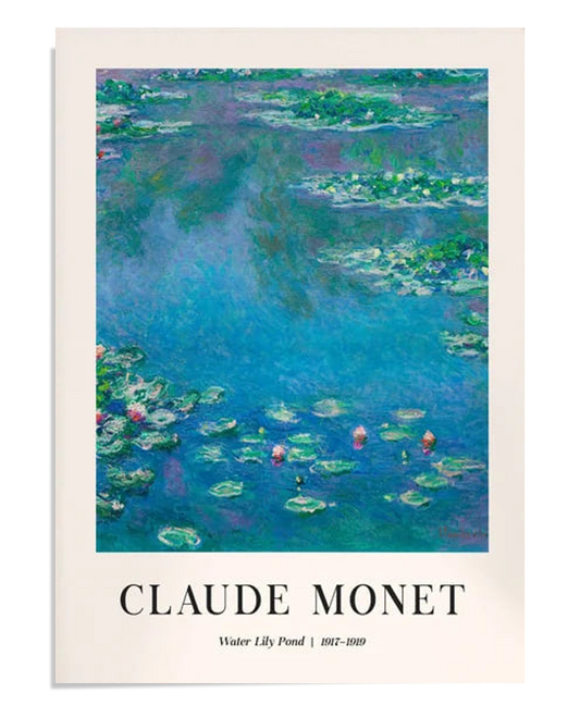 A peaceful Impressionist painting by Claude Monet featuring a water lily pond. Soft colors of blue, green, and pink reflect the lilies and surrounding greenery in the calm water, evoking a tranquil and serene atmosphere. Monet’s signature brushwork brings the natural beauty of the scene to life, offering a moment of quiet reflection.