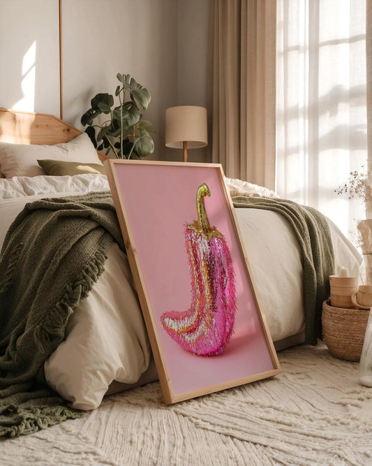 Framed artwork of a pink and gold pepper on a bed in a bedroom.