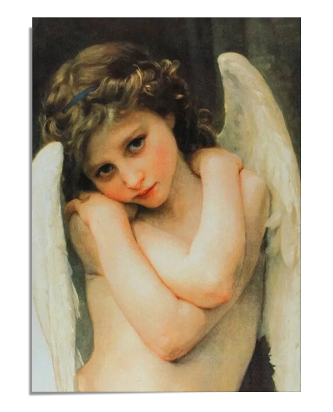 A classical oil painting depicting a young cherub with soft, curly brown hair and large white wings. His arms are crossed over his bare chest, and he gazes directly at the viewer with an innocent yet melancholic expression. His damp curls suggest he has recently emerged from water, adding to the delicate and intimate atmosphere of the painting.