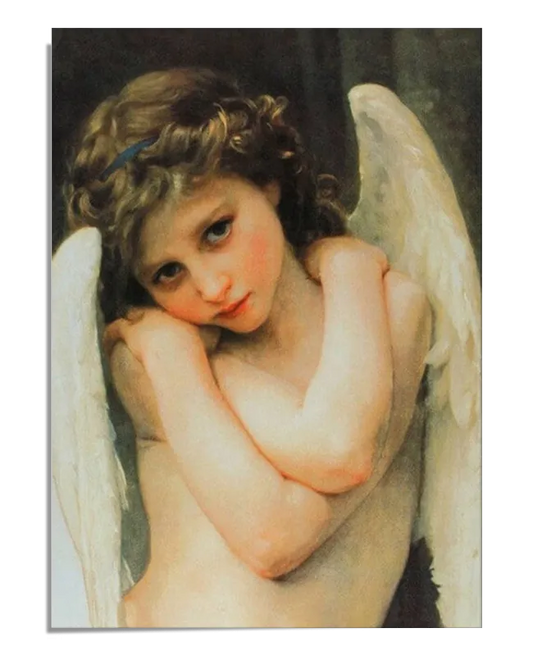 A classical oil painting depicting a young cherub with soft, curly brown hair and large white wings. His arms are crossed over his bare chest, and he gazes directly at the viewer with an innocent yet melancholic expression. His damp curls suggest he has recently emerged from water, adding to the delicate and intimate atmosphere of the painting.