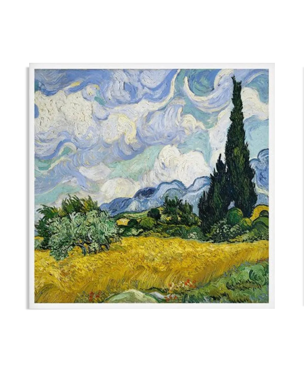 A Post-Impressionist painting showing a vast wheat field bordered by tall cypress trees. The field is painted in golden hues, while the sky swirls with vibrant blues and whites. The cypress trees contrast sharply with the bright wheat, adding a dramatic effect to the scene.