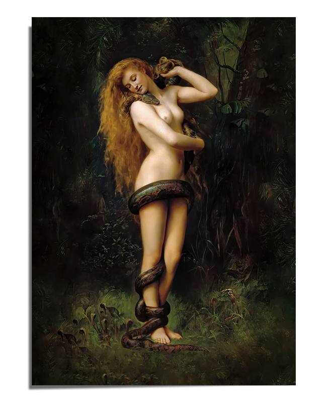 A detailed art print of a mystical woman standing in a dark forest, wrapped by a serpent. Her long golden hair flows as she gazes downward, evoking a sense of mystery and transformation. The artwork is rich in symbolism, making it a striking wall decor choice.