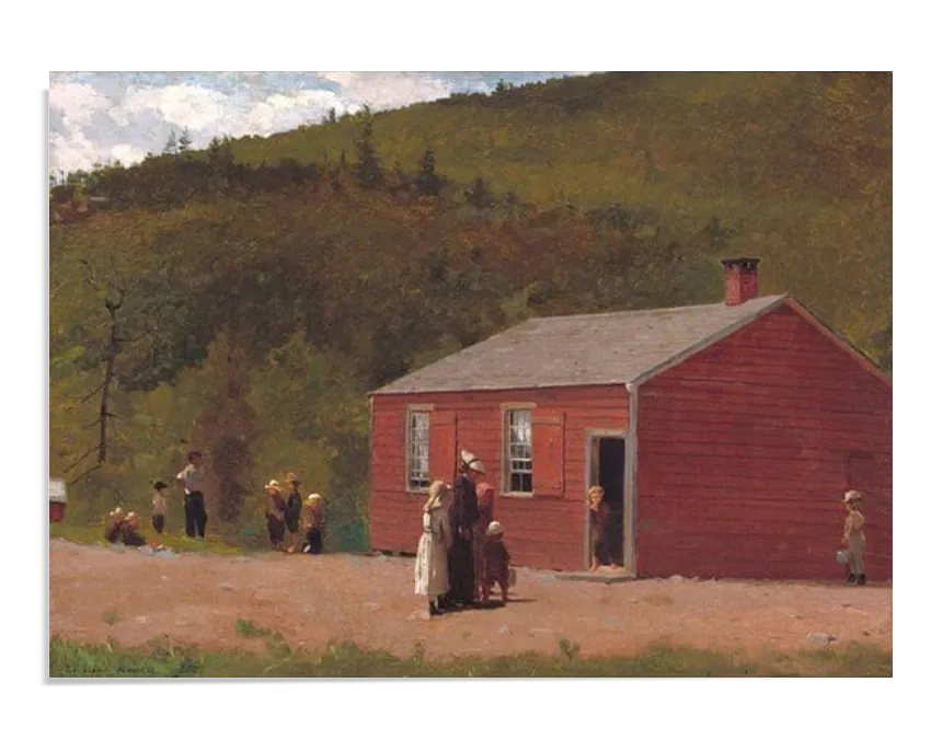 An art print of Winslow Homer’s The Red School House, depicting a small red wooden schoolhouse in a rural setting with rolling green hills in the background. Children are seen playing and interacting outside, dressed in 19th-century attire. The scene is bathed in warm sunlight, evoking nostalgia and historical charm.