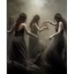 A mystical art print of four witches dancing in a sacred circle in a foggy forest. Their flowing dark gowns move with their ritualistic gestures, creating a supernatural and enchanting atmosphere.