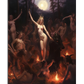 A mystical and atmospheric scene depicting a group of witches gathered around a fire, performing a ritual beneath the glowing full moon. The dark forest setting and flickering flames create a mysterious, otherworldly ambiance, perfect for fans of occult and fantasy art.