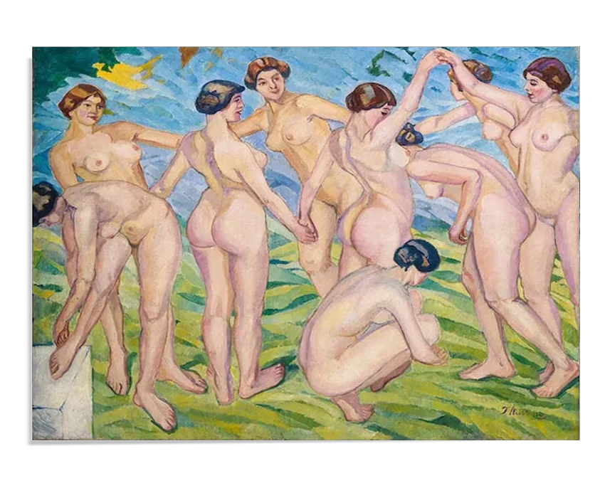 A Fauvist-style painting featuring a group of nude women dancing in a circle on a grassy field. Their bodies are painted in warm pink tones, outlined with expressive brushstrokes, while the background consists of vibrant blue and green hues. The figures move freely, conveying a sense of rhythm and joy in an open natural setting.