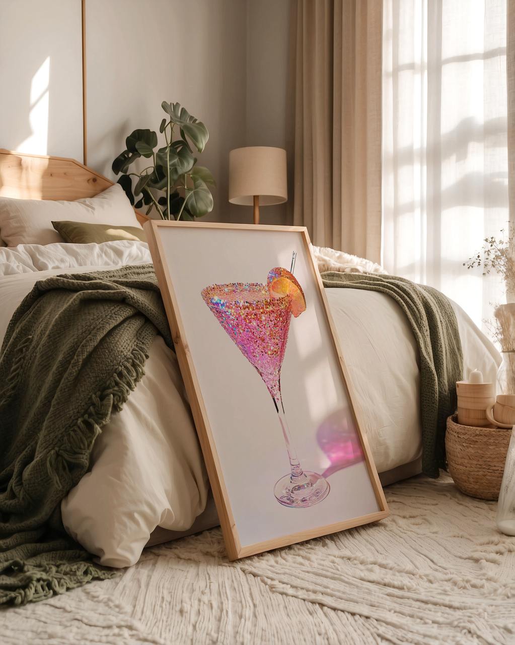 Framed artwork of a colorful cocktail on a bed in a cozy bedroom.